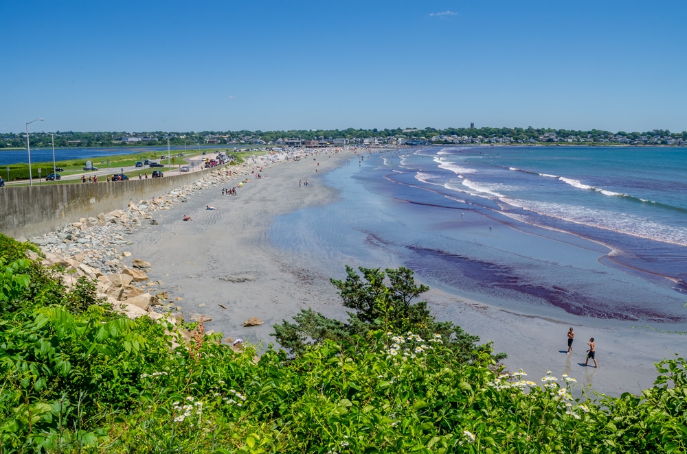 Aerial view of Eastons Beach, one of the best beaches in Newport, RI